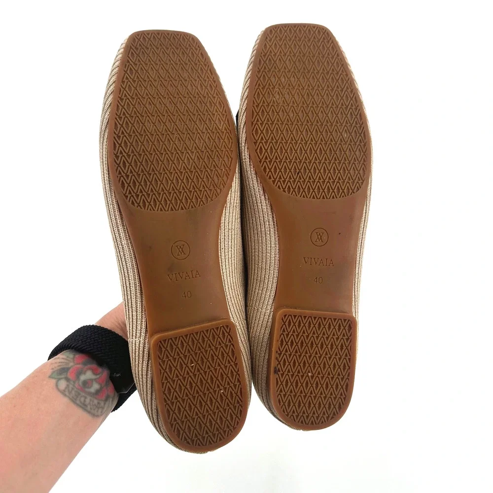 Vivaia Margot Ribbed Ballet Square Toe Flats Size 40 US 9.5 Removable Bow Preppy